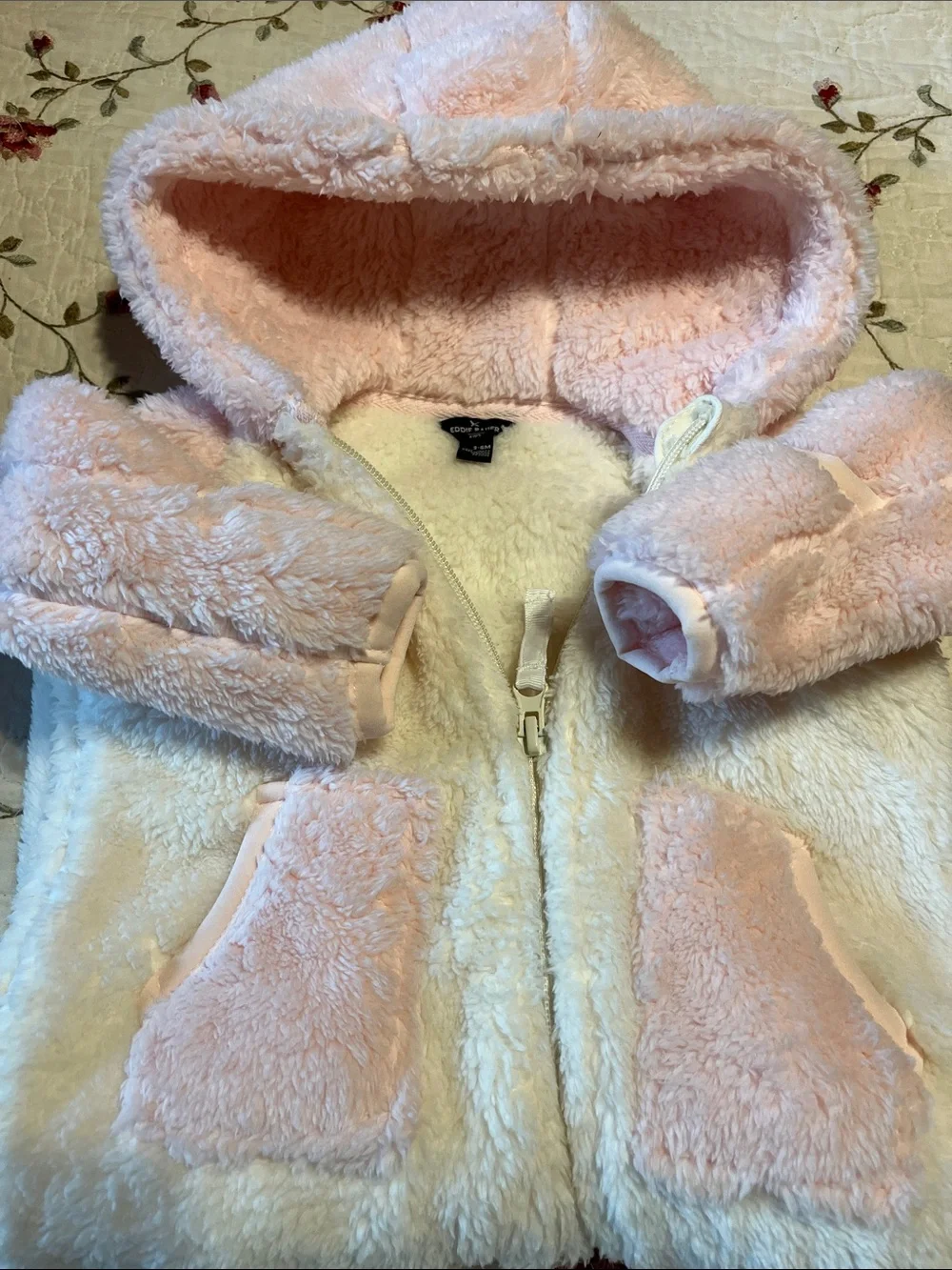 Eddie Bauer Pink and Cream Fuzzy Hooded Baby Jacket